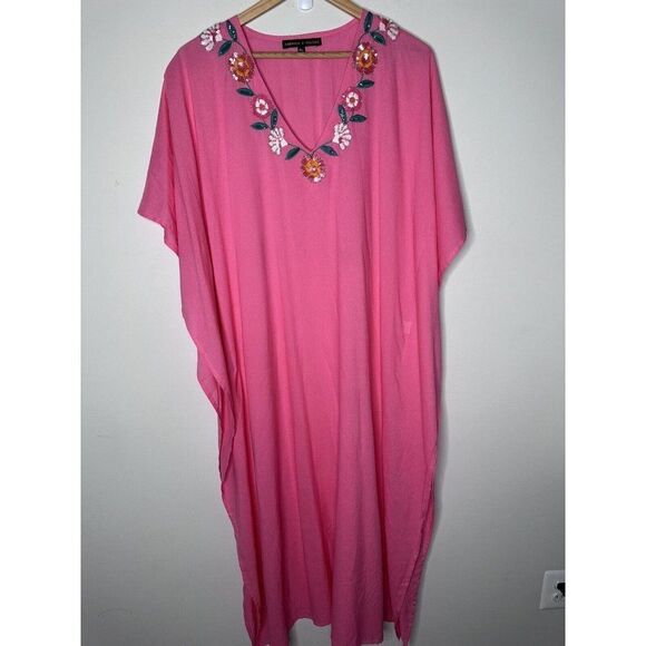 70s Style Caftan Embroidered V-Neck Mrs Roper Pink S/M Barbiecore Boho Chic - Picture 1 of 9